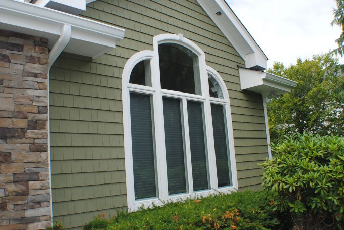 Green Alside Siding And Alside Arbor Green Jimmy With Palladian Windows And Stone Wall For Elegant Exterior Home Design