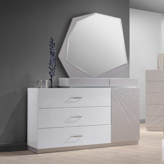 Luxury White Florence Dresser And Mirror By J&m Furniture On Laminate Wood Flooring For Modern Bathroom Design
