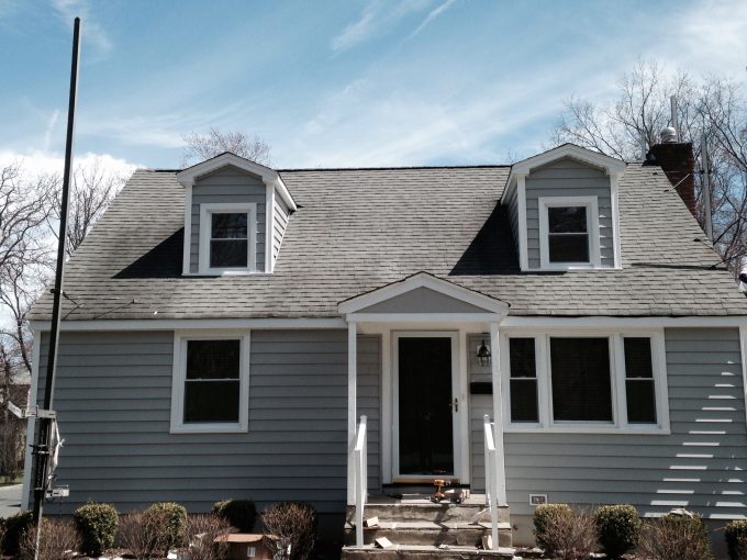 Interesting Alside Siding Cape Cod Gray With Loewen Windows And Gable Roof With Dormer Plus Therma Tru Entry Doors