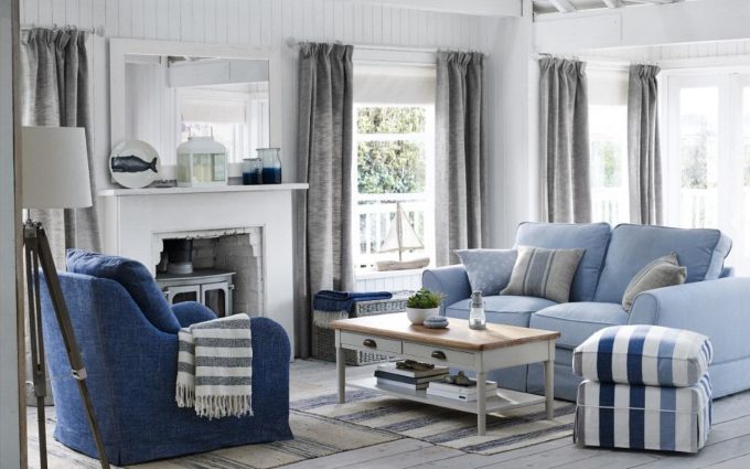 Mid Century Tufted Sofa By Seaside Furniture With Elegant Pattern Armchairs And Rustic Coffee Table On Arae Shag Rugs Plus Ikea End Table With Table Lamp