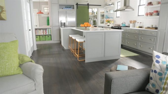 Cool Home Depot Kitchen Design With Laminate Wood Flooring And White Kitchen Cabinets Plus Ventahoods And Pendant Lighting