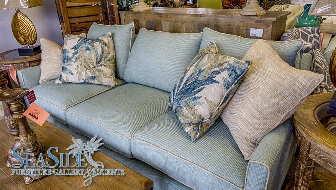 Comfortable Soft Blue Sofas By Seaside Furniture With Pattern Cushions For Elegant Living Room Design