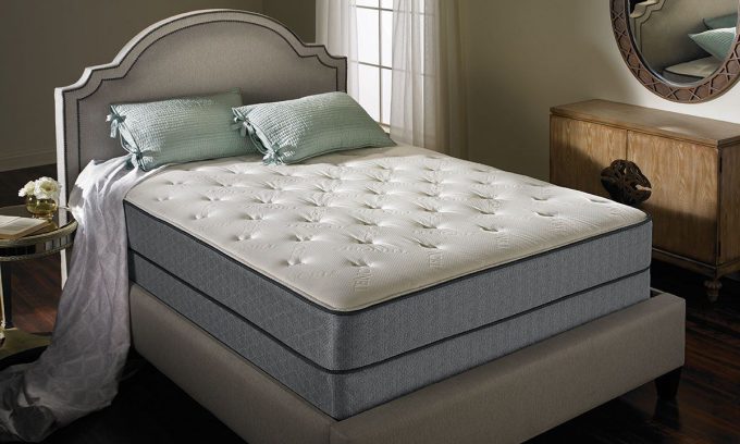 Dark Wood Tufted Bed With PranaSleep Karma Sky Luxury Plush Mattress And Headboards Queen Plus Sisal Rugs And Laminate Wood Flooring