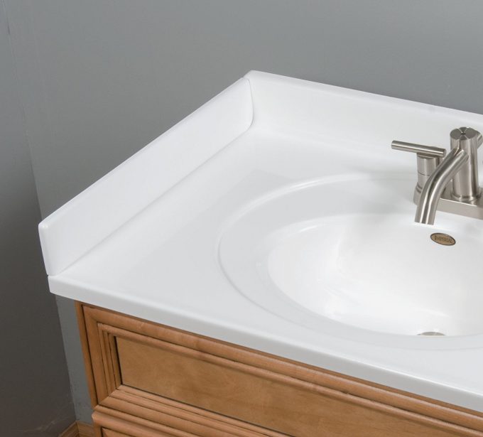 Exciting White Cultured Marble Vanity Tops For Your Bathroom Decor Ideas With Stainless Steel Brizo Faucets
