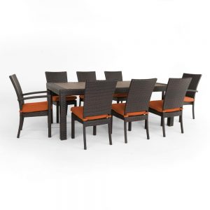 Enchanting RST Brands Deco 9 Piece Patio Dining Set With Tika Orange Cushions For Wicker Furniture Design