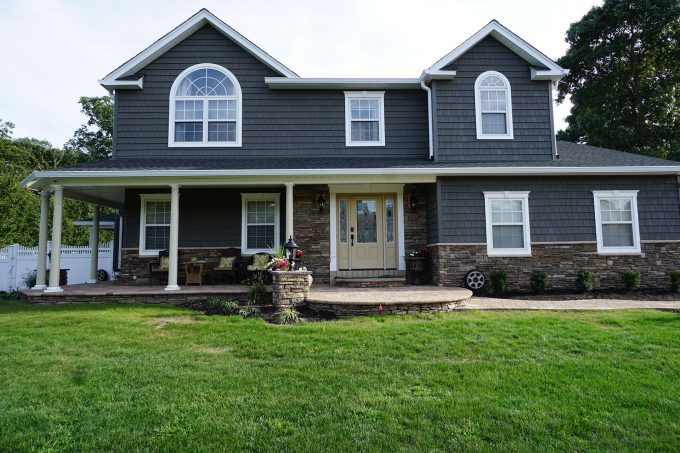 Alside Charcoal Smoke Jimmy Alside Siding With Palladian Windows And Gable Roof Plus Therma Tru Entry Doors Also Natural Green Grass