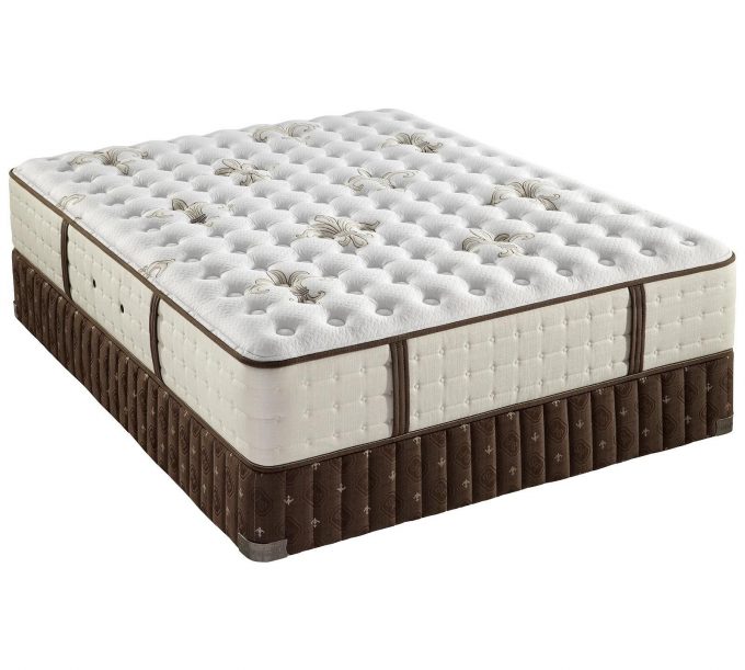 Dark Wood Tufted Bed With PranaSleep Om Super Vayu Luxury Plush Mattress And Headboards Queen Plus White Pillows And Small Bedside Table With Table Lamp And Sisal Rugs