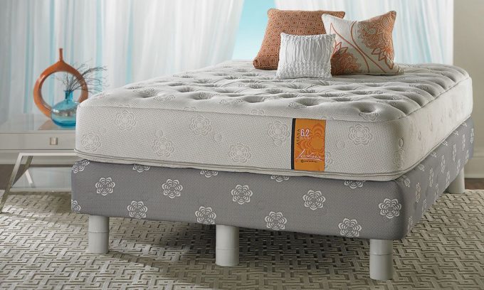 Elegant Gray Tufted Bed With PranaSleep Asana Plush Queen Mattress And Sisal Rugs Plus White Sheer Curtains For Your Bedroom Design