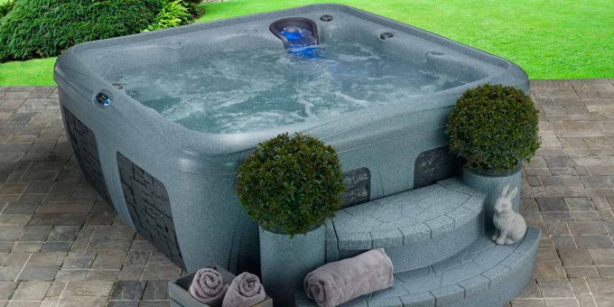 Nice Stone Pavers With Outdoor Potted Plants And Dream Maker Spas For Unique Bathtub Design Ideas Plus Natural Green Grass