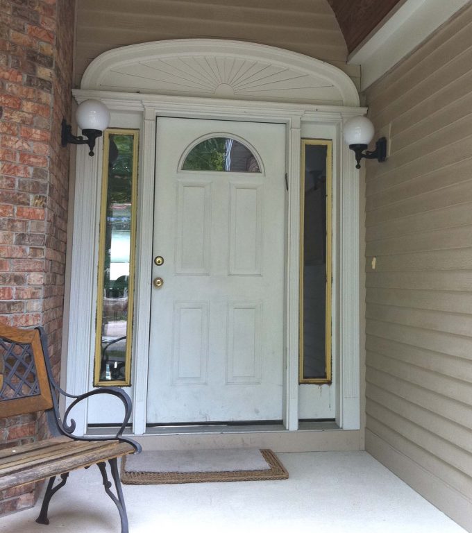 White Entry Door With Sidelights For Exterior Home Style Ideas And Wood Siding With Exterior Wall Sconces And Doormat Plus Rustic Wood Bench
